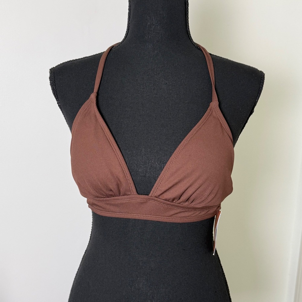 Shade & Shore Bikini Top Women Small Brown Ribbed Halter Triangle Swimwear NWT